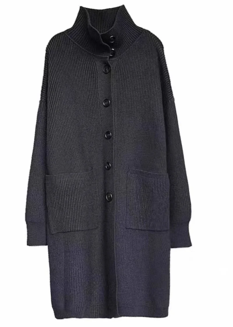 Damen Lange Strickjacke mit Kragen und Taschen