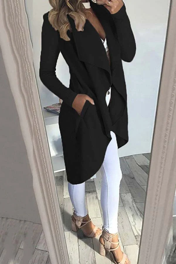 Einfarbiger Revers Slim Lange Windbreaker Jacke