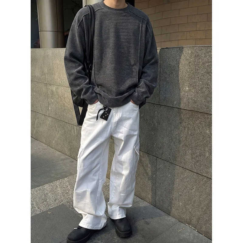 Herren Oversize Waffelstrick-Pullover mit Rundhalsausschnitt Nord Taschen