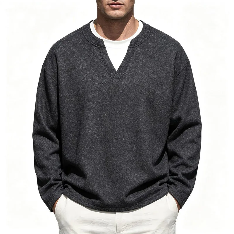 Herren Oversize Sweatshirt mit V-Ausschnitt und melierter Struktur Nord Taschen