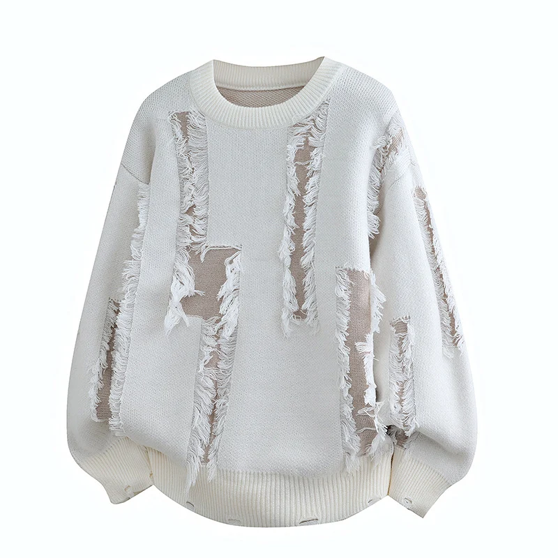 Herren Oversize Strickpullover mit Fransenapplikationen und Balloonärmeln Nord Taschen