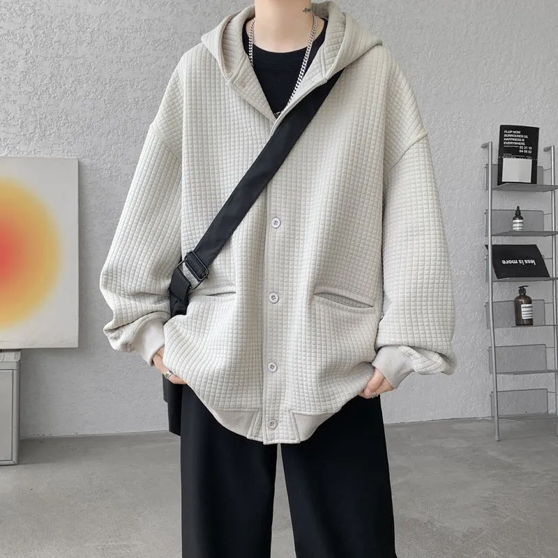 Herren Oversize-Stepp-Kapuzenjacke mit Waffelstruktur, Knopfleiste und Eingrifftaschen Nord Taschen