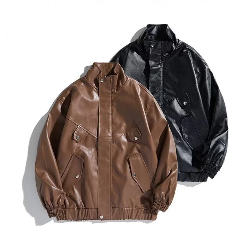 Herren Oversize Kunstleder-Bomberjacke mit Stehkragen, Pattentaschen und elastischem Saum Nord Taschen