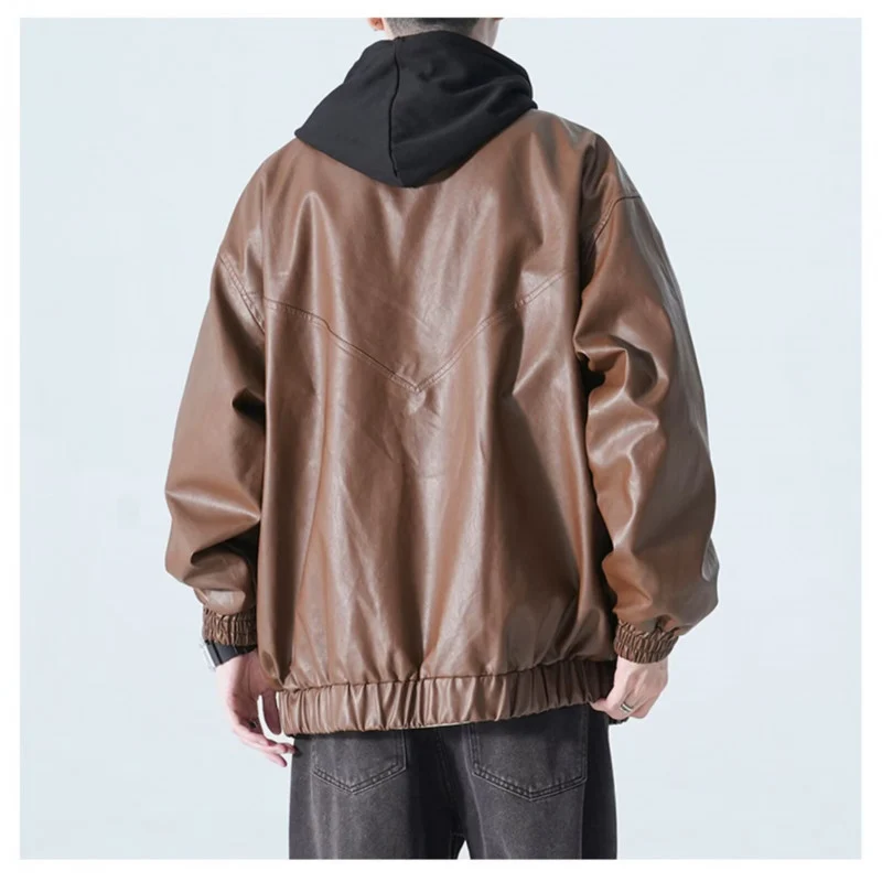Herren Oversize Kunstleder-Bomberjacke mit Stehkragen, Pattentaschen und elastischem Saum Nord Taschen