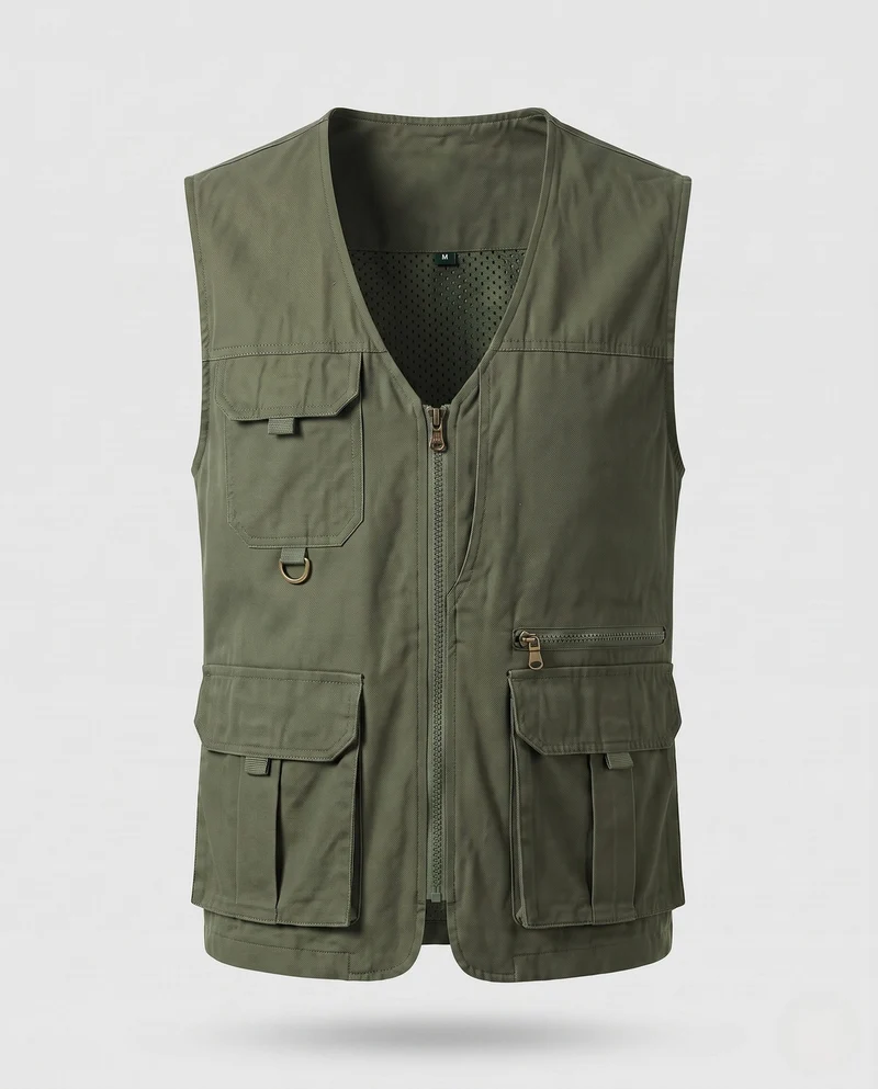 Herren Leichtgewicht Canvas Utility Weste mit mehreren Taschen, D-Ring und Mesh-Futter