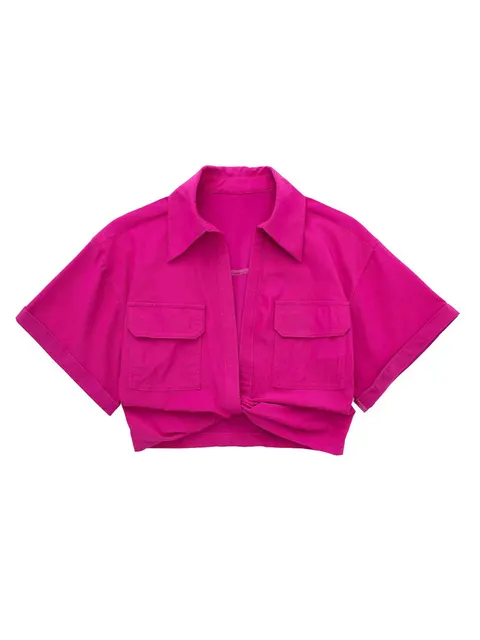 Damen Vintage Kurzarm Leinen Crop Shirt