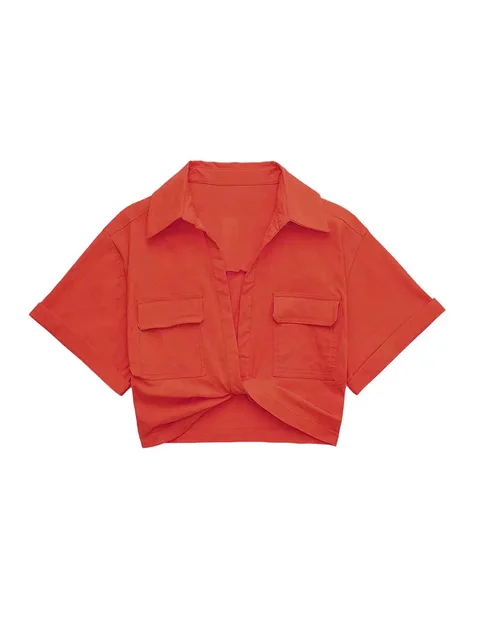 Damen Vintage Kurzarm Leinen Crop Shirt