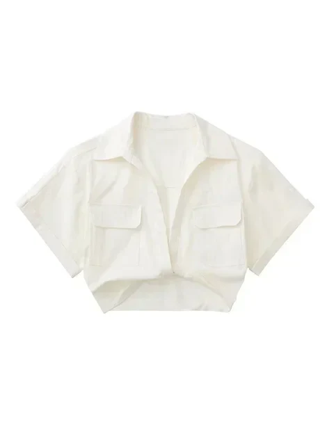 Damen Vintage Kurzarm Leinen Crop Shirt