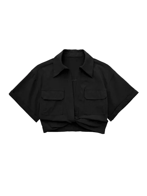 Damen Vintage Kurzarm Leinen Crop Shirt