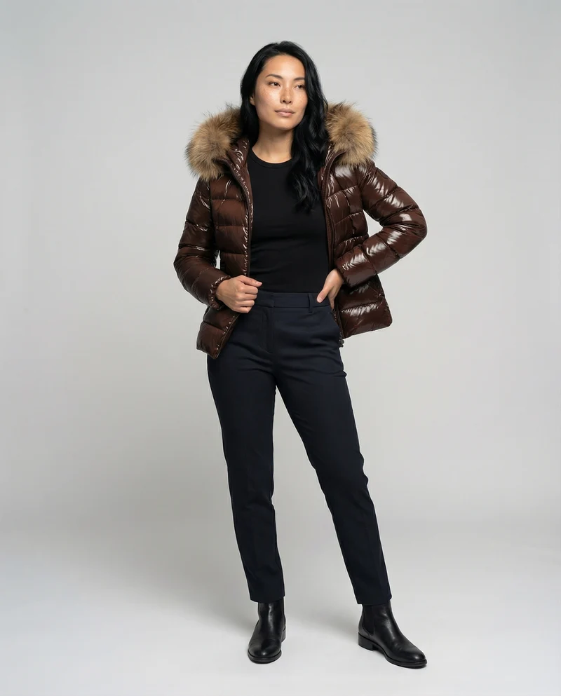 Damen Winterdaunenjacke mit abnehmbarer Kapuze und luxuriösem Fellkragen