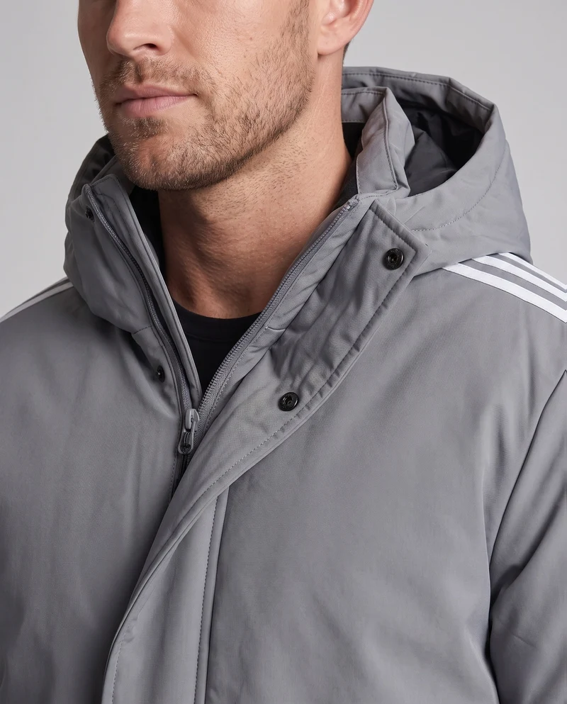 Unisex längerer gesteppter Winterparka mit Kapuze und sportlichen Ärmelstreifen