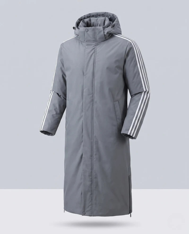 Unisex längerer gesteppter Winterparka mit Kapuze und sportlichen Ärmelstreifen