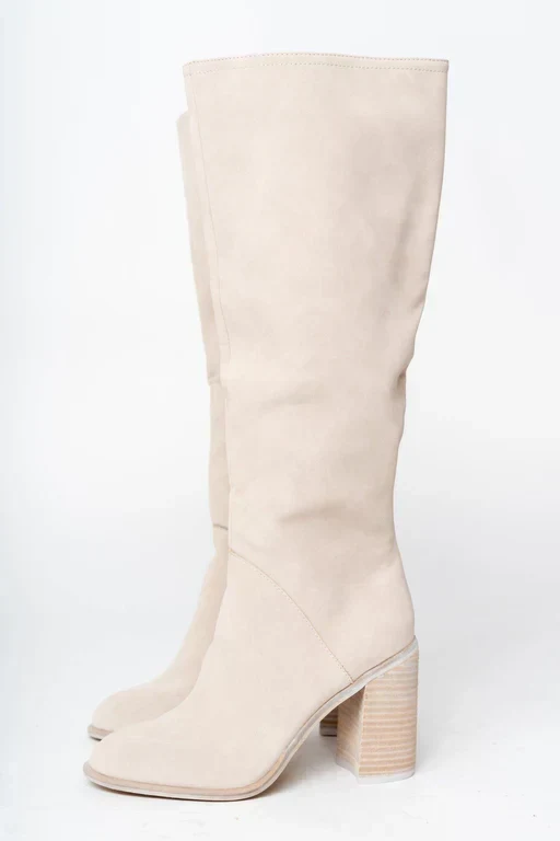 Knielange Stiefel | Hellbeige | Blockabsatz | Stiefel mit Absatz | Damenstiefel Nord Taschen