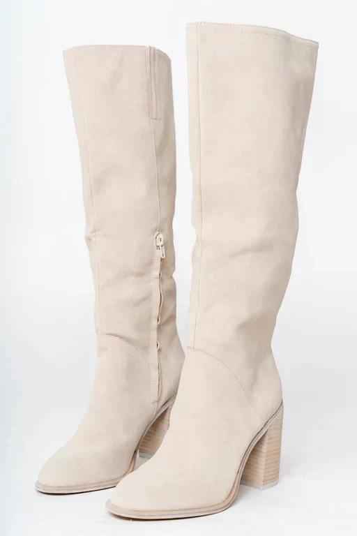 Knielange Stiefel | Hellbeige | Blockabsatz | Stiefel mit Absatz | Damenstiefel Nord Taschen