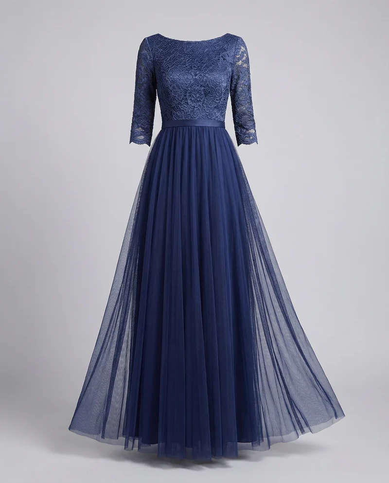 Damen Abendkleid Spitzenoberteil 3/4-Arm Tüllrock