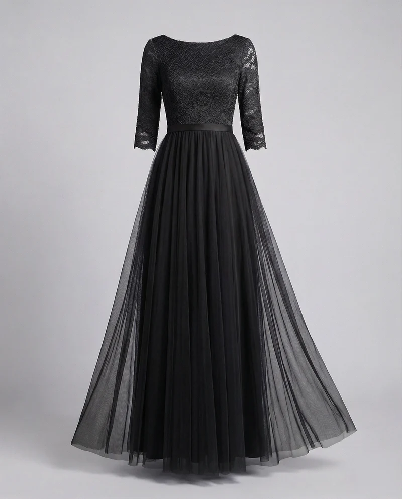 Damen Abendkleid Spitzenoberteil 3/4-Arm Tüllrock