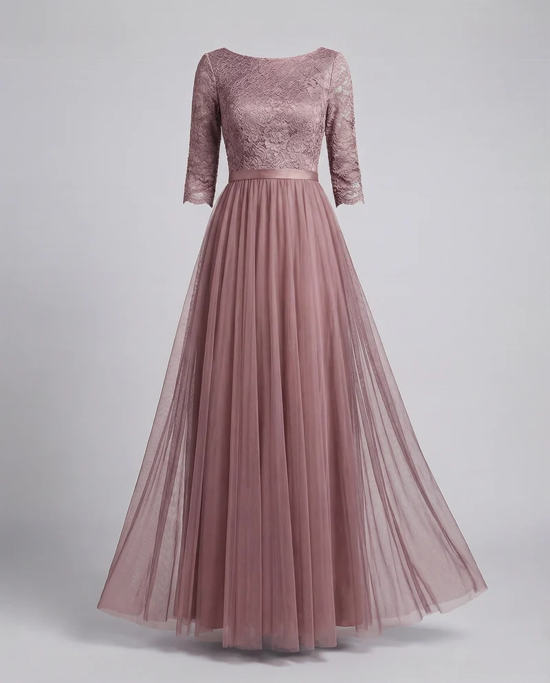 Damen Abendkleid Spitzenoberteil 3/4-Arm Tüllrock