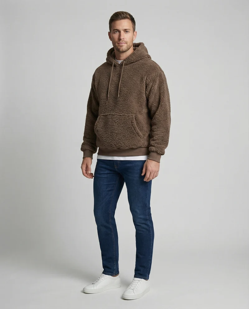 Herren Kuscheliger Teddy-Pullover mit Kapuze und elastischem Bund