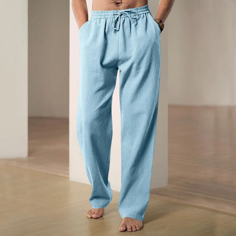 Herren nan lockere Leinen-Baumwoll-Freizeithose mit elastischem Bund und Kordelzug