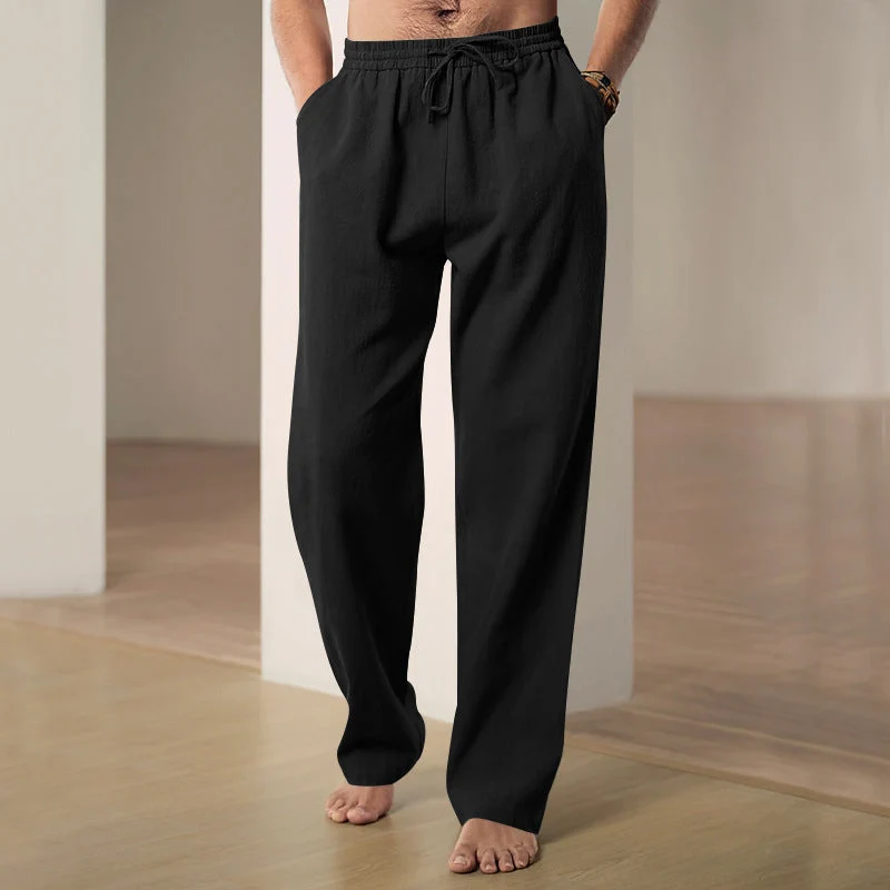 Herren nan lockere Leinen-Baumwoll-Freizeithose mit elastischem Bund und Kordelzug
