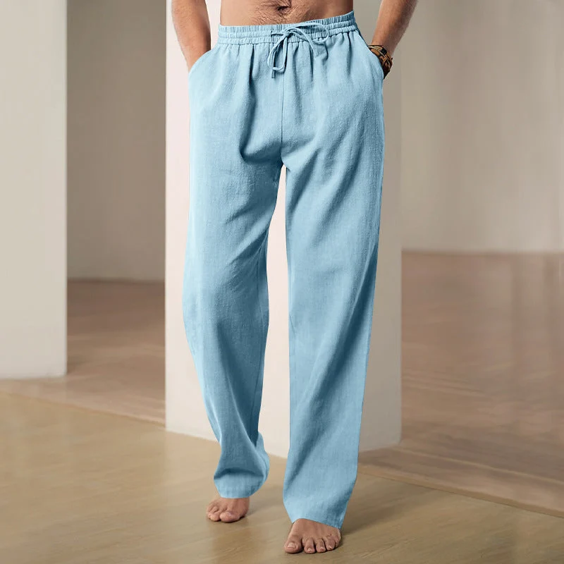 Herren nan lockere Leinen-Baumwoll-Freizeithose mit elastischem Bund und Kordelzug