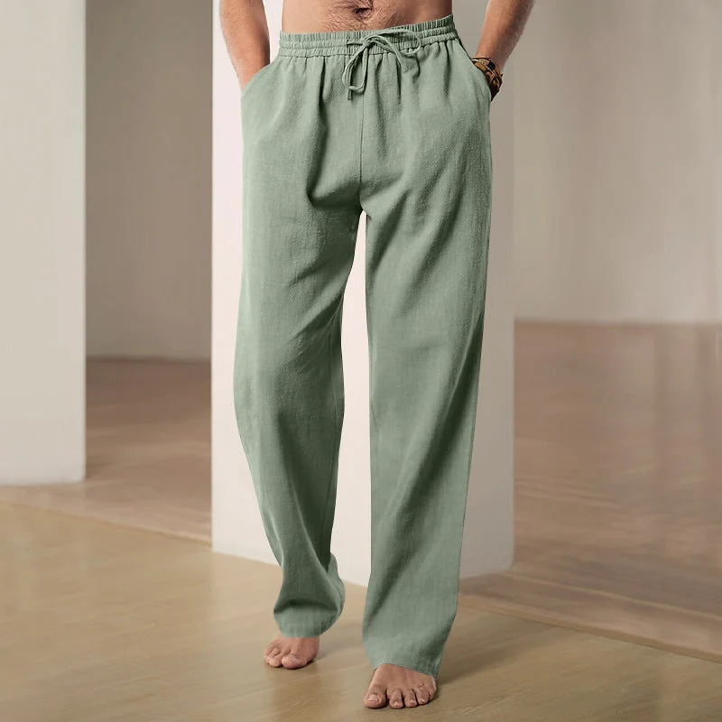 Herren nan lockere Leinen-Baumwoll-Freizeithose mit elastischem Bund und Kordelzug