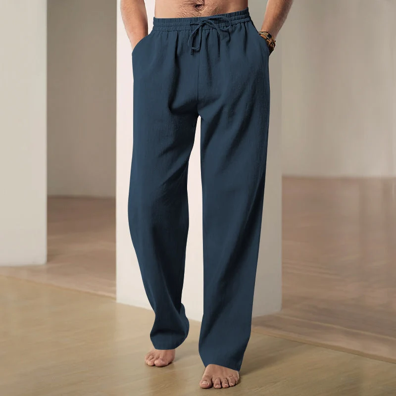 Herren nan lockere Leinen-Baumwoll-Freizeithose mit elastischem Bund und Kordelzug
