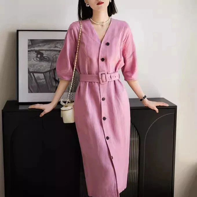 Damen Elegantes Midi-Kleid mit Gürtel Nord Taschen
