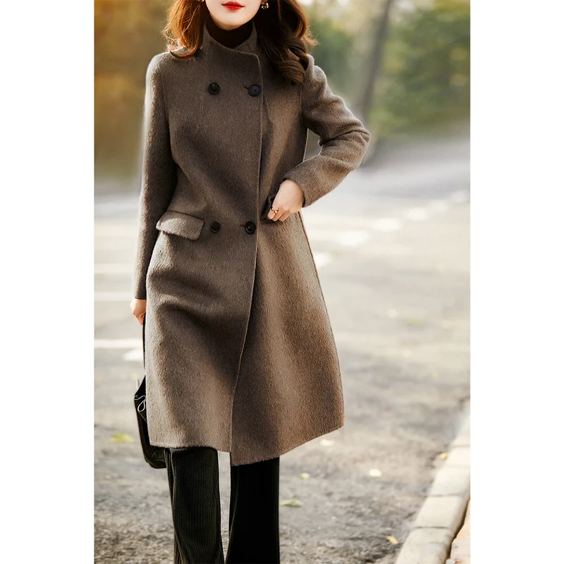 Damen Eleganter Wollmantel mit Stehkragen Nord Taschen