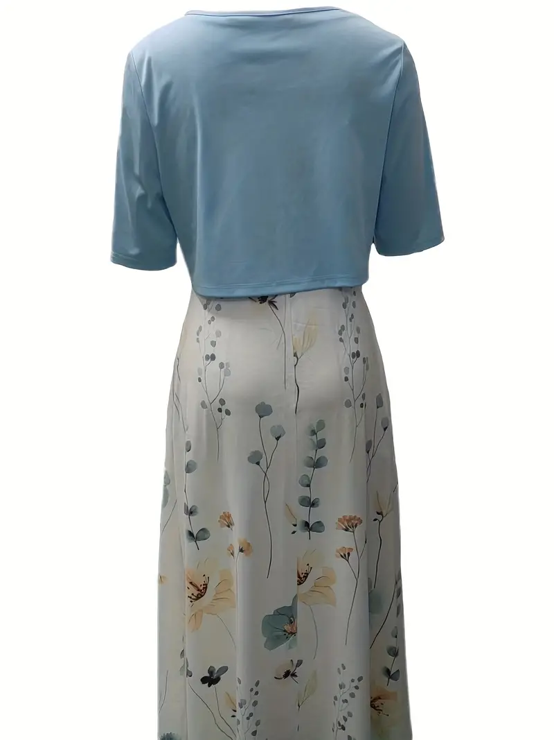 Nord Taschen | Elegante Zweiteilige Blumenkleid-Set mit Einfarbigem Crop-Top und Rundhalskleid