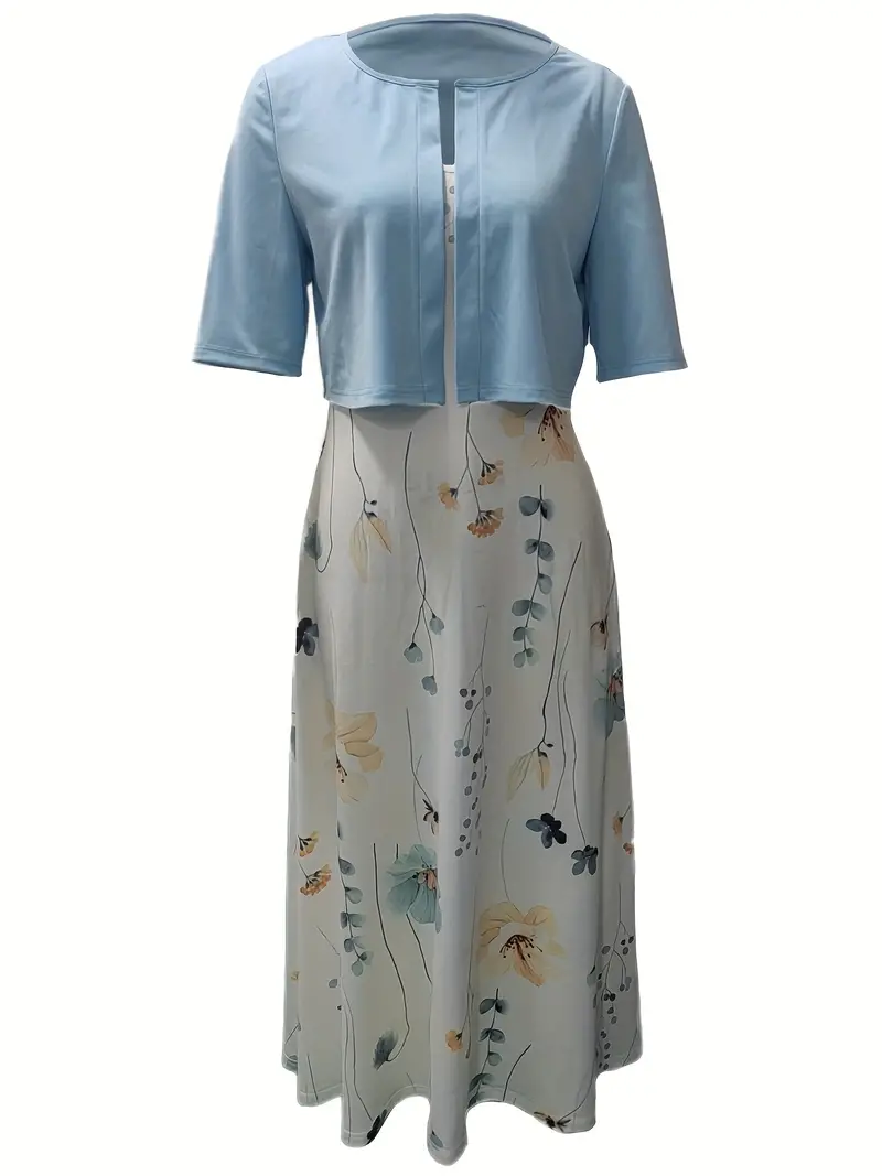 Nord Taschen | Elegante Zweiteilige Blumenkleid-Set mit Einfarbigem Crop-Top und Rundhalskleid