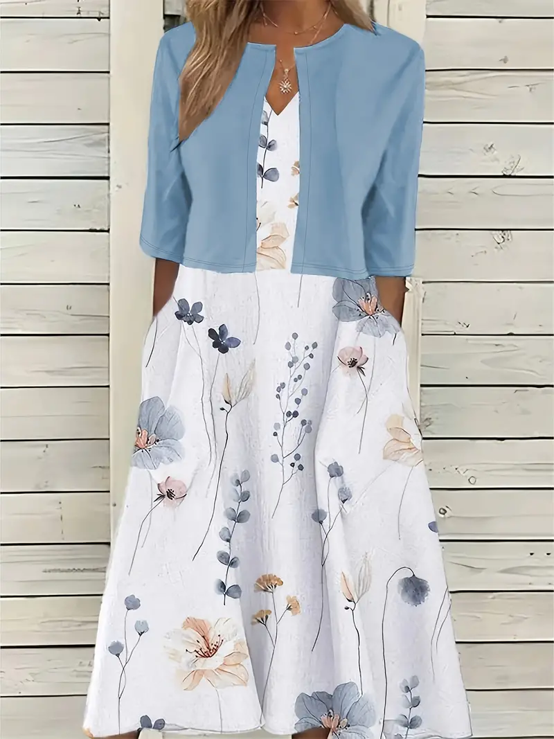 Nord Taschen | Elegante Zweiteilige Blumenkleid-Set mit Einfarbigem Crop-Top und Rundhalskleid