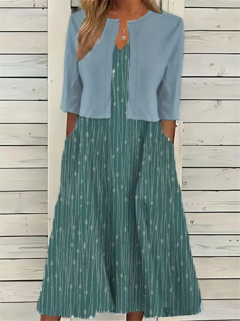 Nord Taschen | Elegante Zweiteilige Blumenkleid-Set mit Einfarbigem Crop-Top und Rundhalskleid