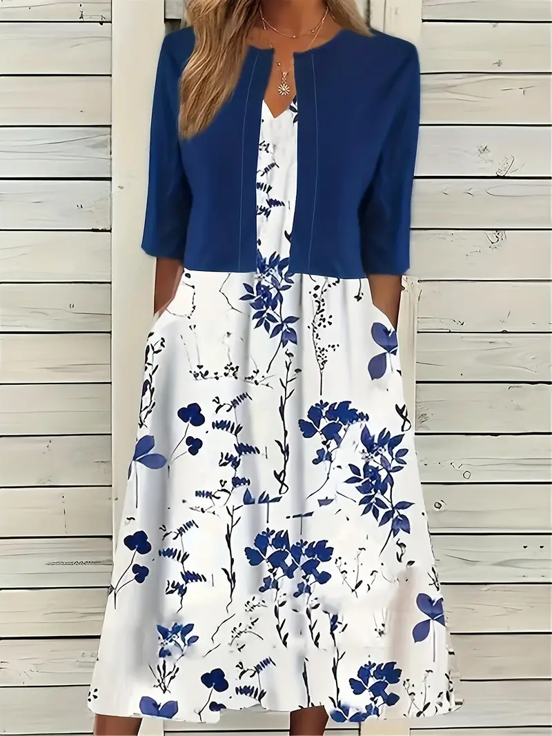 Nord Taschen | Elegante Zweiteilige Blumenkleid-Set mit Einfarbigem Crop-Top und Rundhalskleid