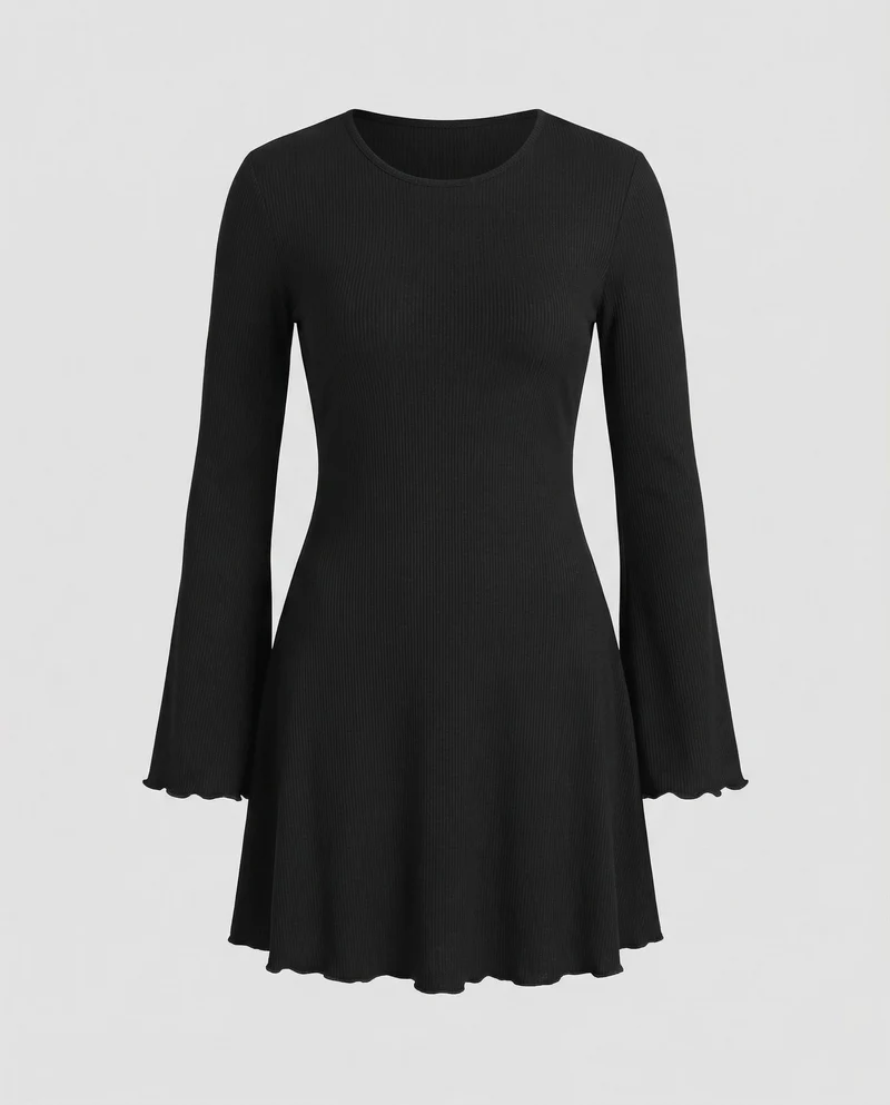 Damen Skaterkleid Trompetenärmel Welliger Saum