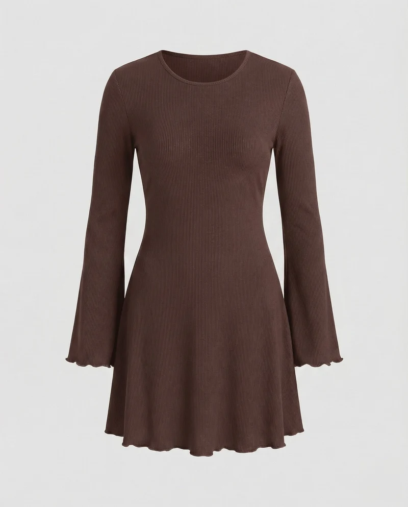 Damen Skaterkleid Trompetenärmel Welliger Saum
