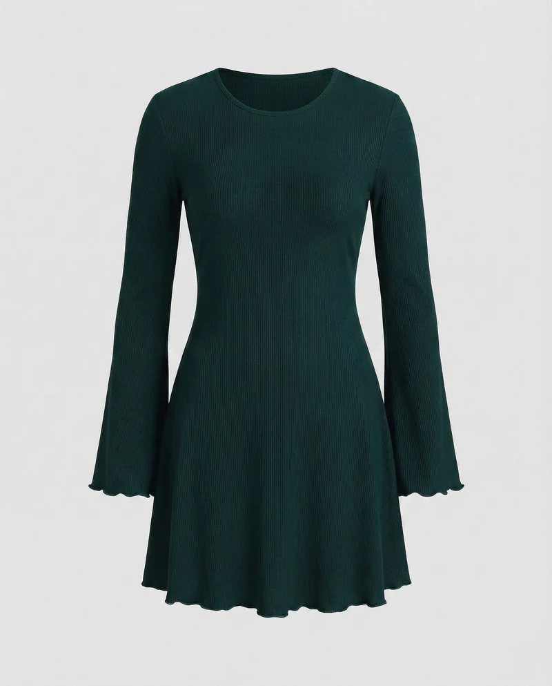 Damen Skaterkleid Trompetenärmel Welliger Saum