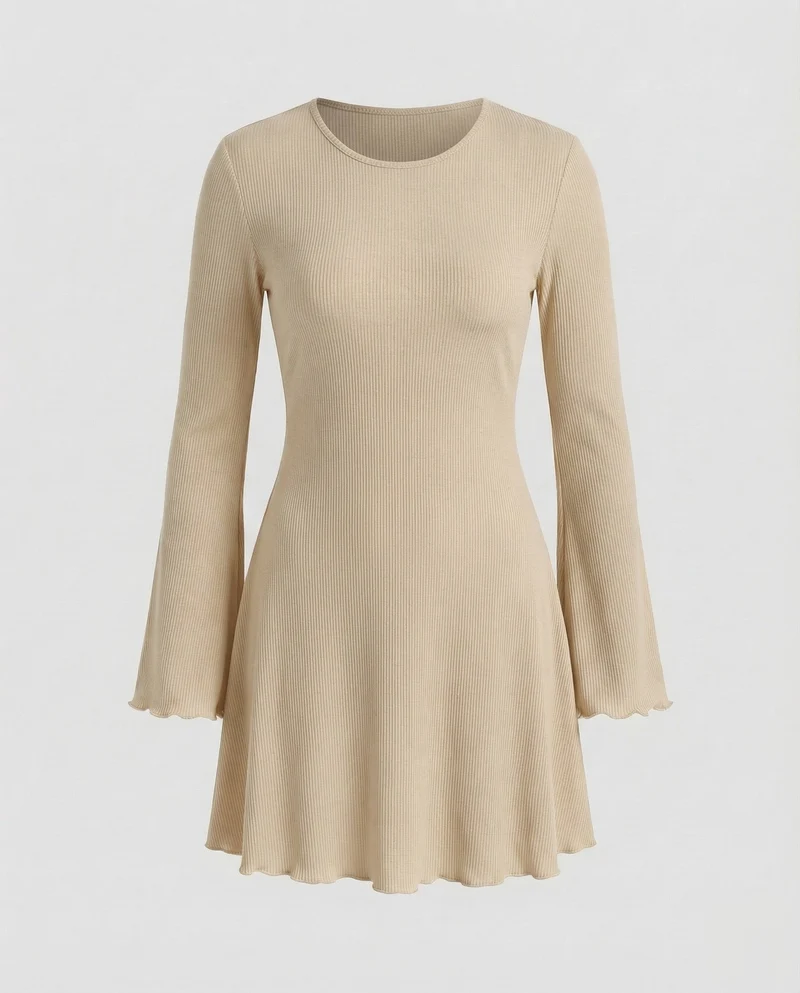 Damen Skaterkleid Trompetenärmel Welliger Saum