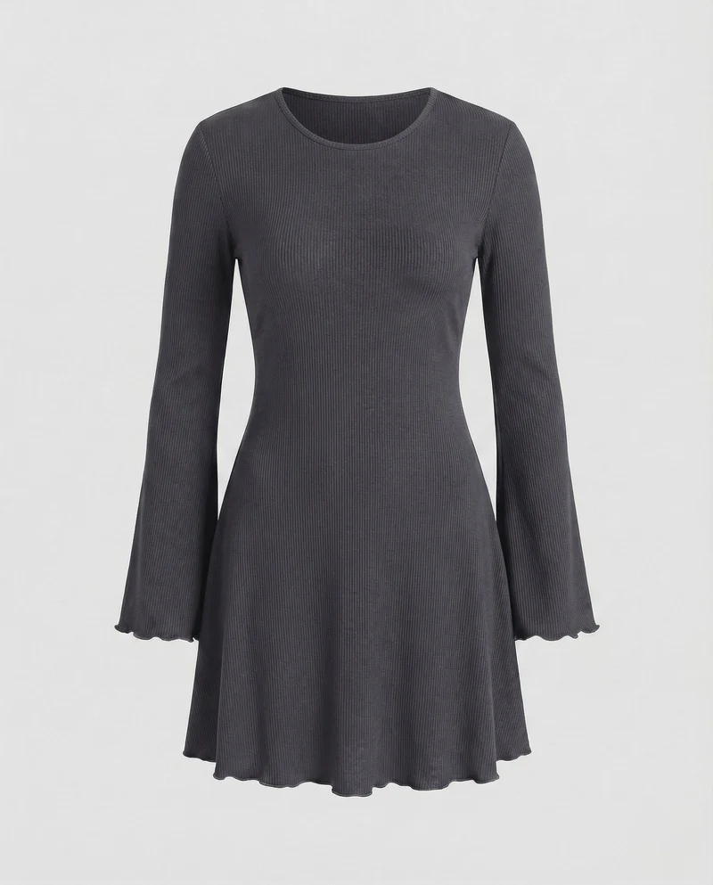 Damen Skaterkleid Trompetenärmel Welliger Saum