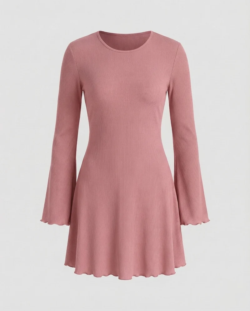 Damen Skaterkleid Trompetenärmel Welliger Saum