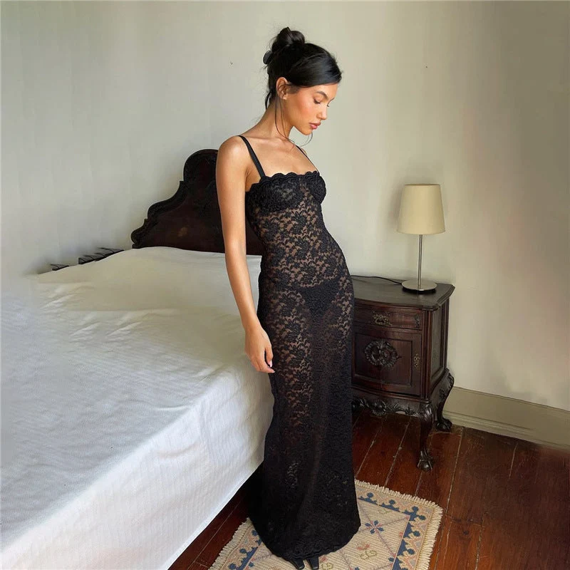 Damen Spitzenkleid mit verführerischem Schlitz und Spaghettiträgern