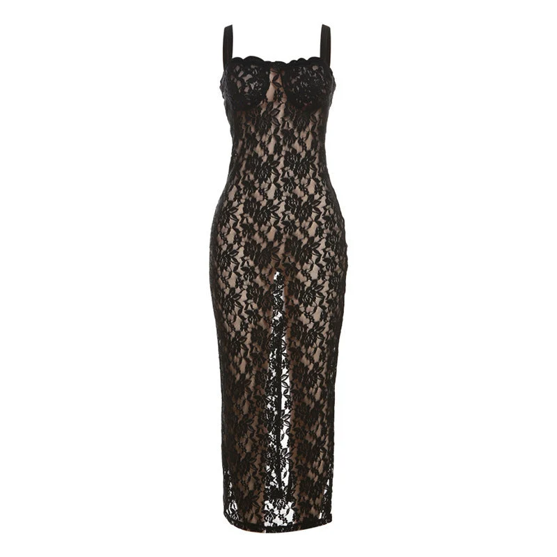Damen Spitzenkleid mit verführerischem Schlitz und Spaghettiträgern