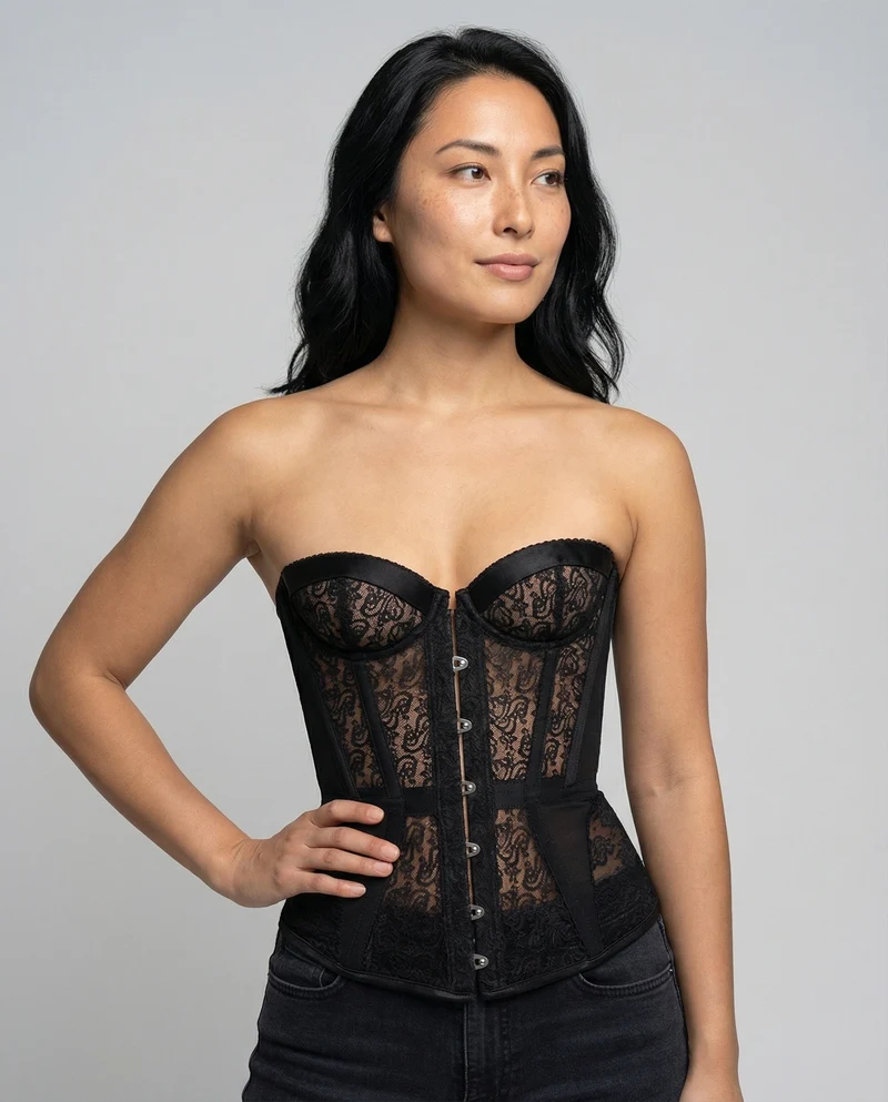 Damen Corsagenoberteil mit floralen Spitzenapplikationen und Knopfverschluss
