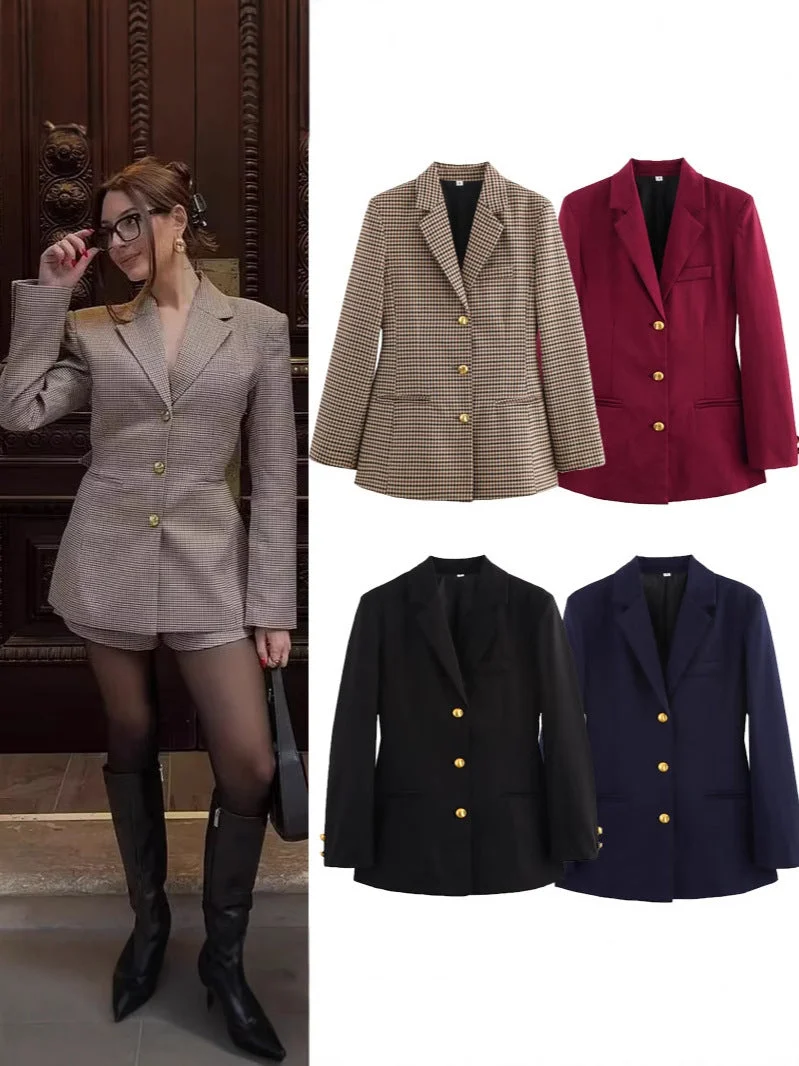Damen karierten Blazer mit goldenen Knöpfen und praktischen Taschen Nord Taschen