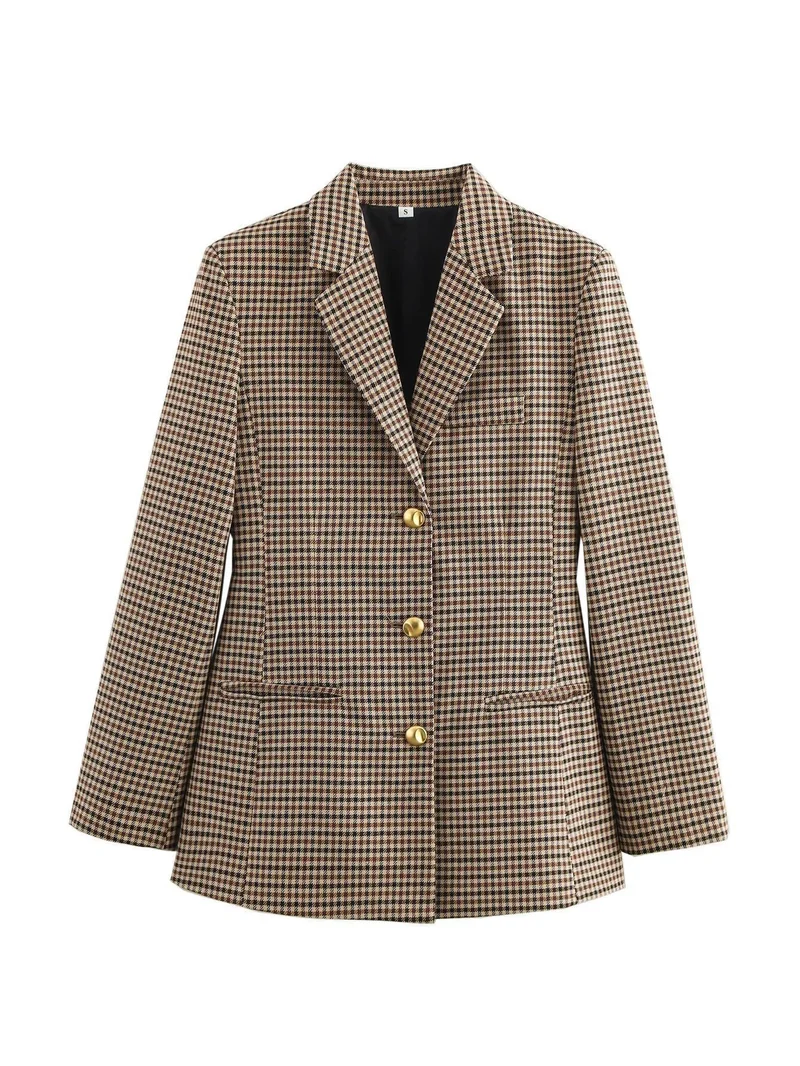 Damen karierten Blazer mit goldenen Knöpfen und praktischen Taschen Nord Taschen