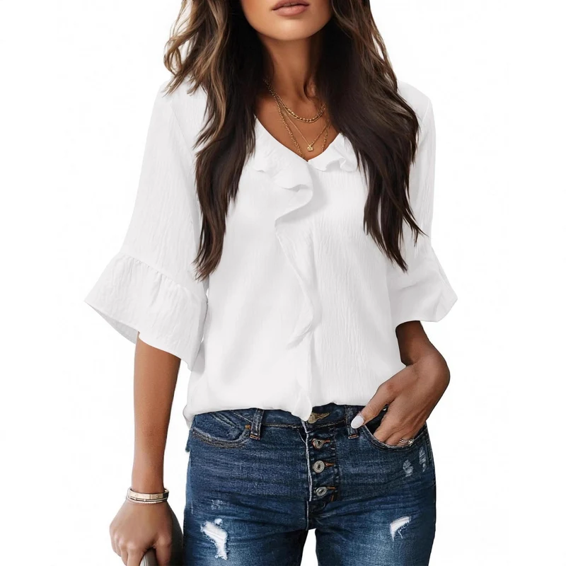 Damen Luftiges Blusenshirt mit Rüschendetails und V-Ausschnitt