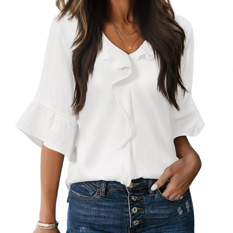 Damen Luftiges Blusenshirt mit Rüschendetails und V-Ausschnitt