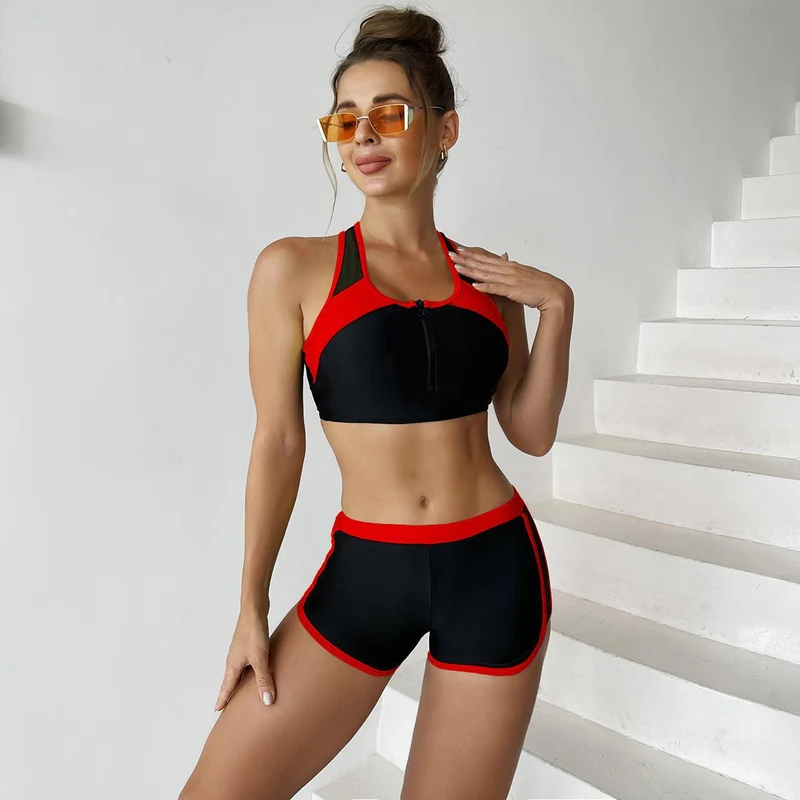 Damen Sportliches Bikini-Set mit kurzer Hose und Reißverschluss