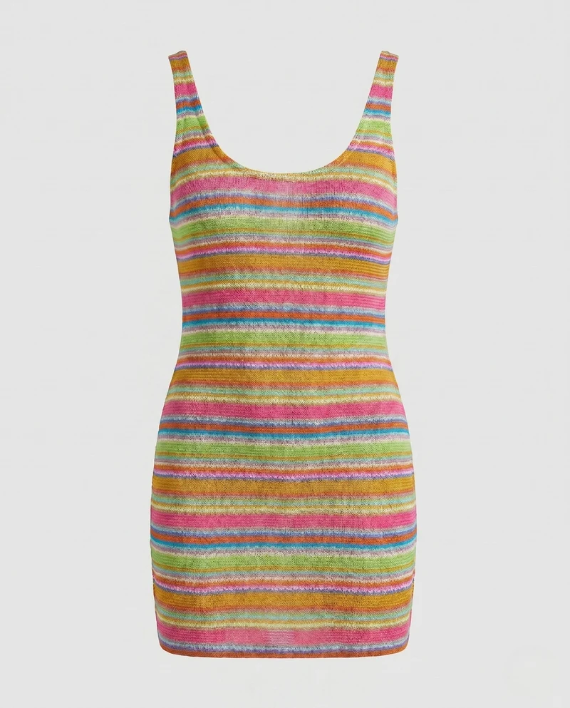 Damen gestricktes Minikleid mit farbenfrohem Streifenmuster