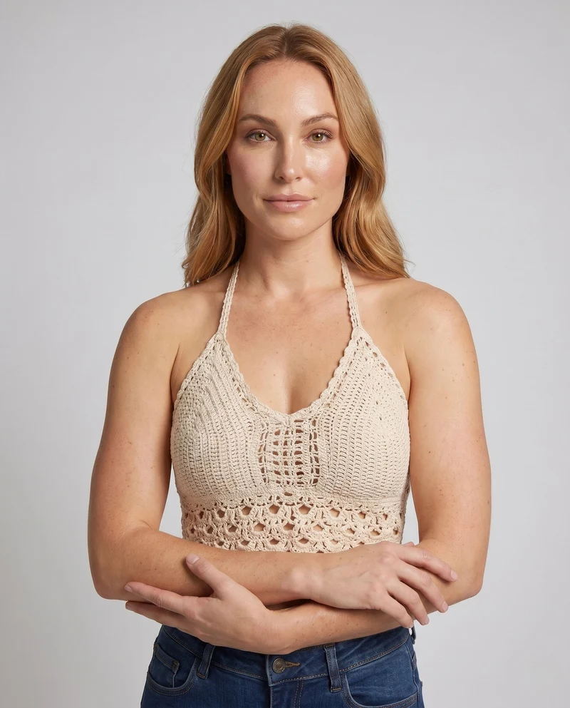 Damen gehäkeltes Crop-Top mit floralem Design und verspielter Unterschicht Nord Taschen
